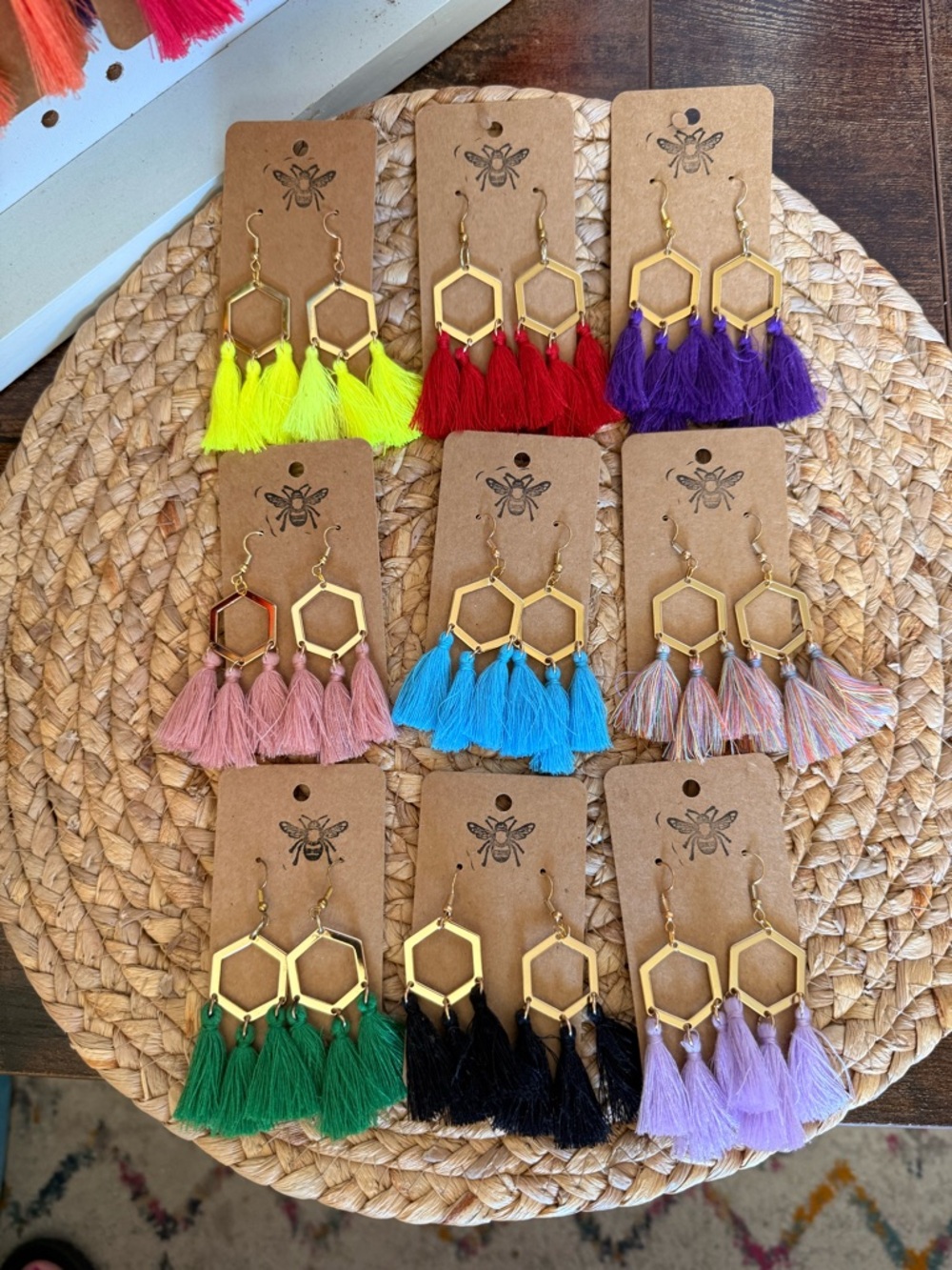 Gold Hexagon Tassel Earrings - Purple, Black, Green, Blue, Pink & More